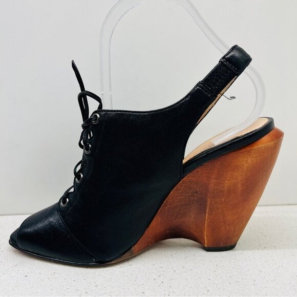 Boutique 9 Lace Up Heels Wood Block Wedge Black Leather Boho Peep Toe Sz 6.5  M - Picture 9 of 14